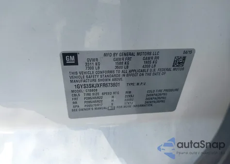 2015 Cadillac Escalade Esv Luxury z USA, uszkodzony, nr VIN 1GYS3SKJXFR673801